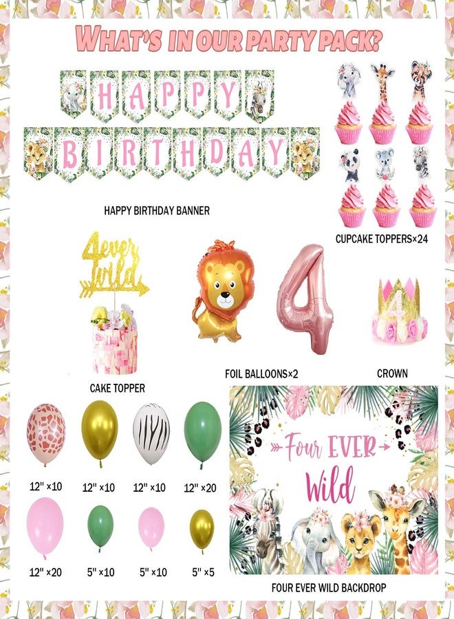 Fiesec Four Ever Wild Birthday Decorations Girl, Jungle Safari Animal Theme 4th Party Decorations Backdrop Balloons Garland Banner Cake Cupcake Topper Poster Crown Lion Cheetah Giraffe Pink 115 PCs - Image 2